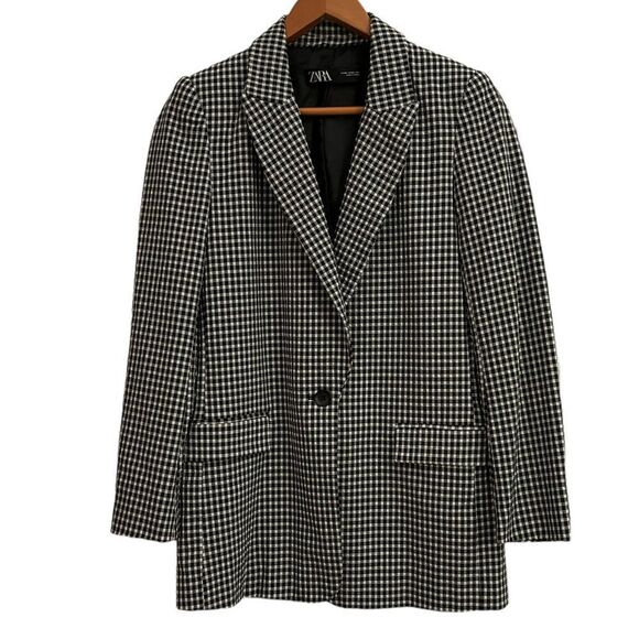 Zara Black and White Gingham Single Button stretch Seersucker Blazer Size 4 - Picture 1 of 5
